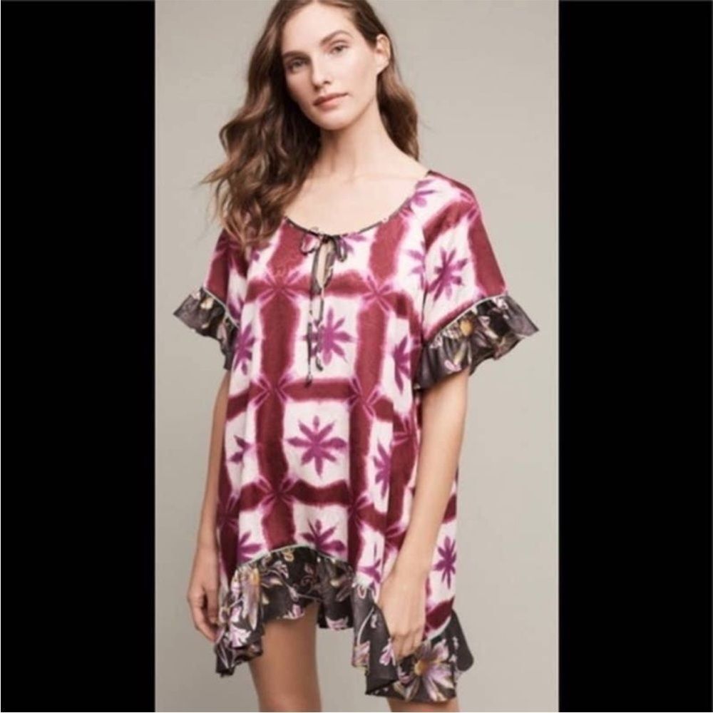 Anthropologie Pink and White Tie-Dye Floral Ruffle Tunic Dress